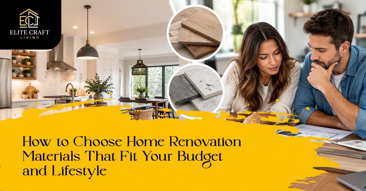 Home renovation material samples including flooring, countertop finishes, tiles, and cabinet colours arranged for design selection.