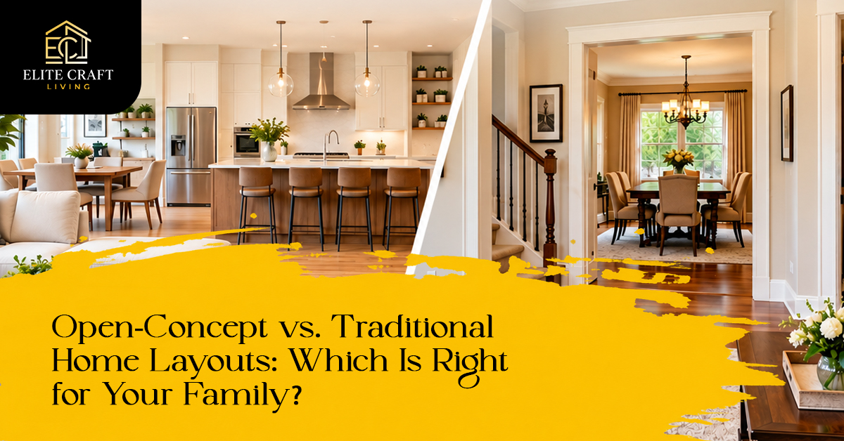 Comparison of an open-concept living room and kitchen with a traditional home layout featuring separate rooms.